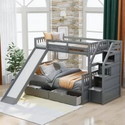 Gray Twin over Full Bunk Bed with Drawers, Storage and Slide, Multifunction by GODEER