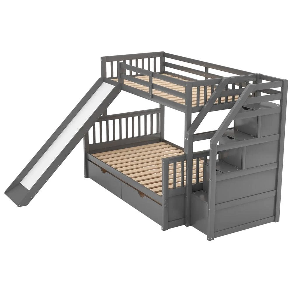 Gray Twin over Full Bunk Bed with Drawers, Storage and Slide, Multifunction by GODEER - Image 4