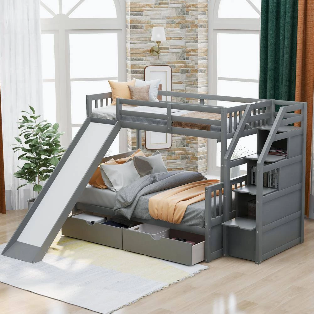 Gray Twin over Full Bunk Bed with Drawers, Storage and Slide, Multifunction by GODEER - Image 2