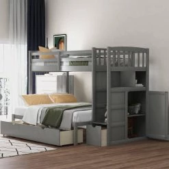 Gray Twin over Full/Twin Bunk Bed, Convertible Bottom Bed, Storage Shelves and Drawers by GODEER