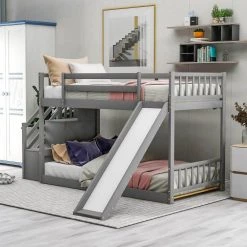 Gray Twin over Twin Bunk Bed with Convertible Slide and Stairway by GODEER