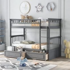 Gray Twin Over Twin Bunk Bed with Drawers Convertible Beds by GODEER