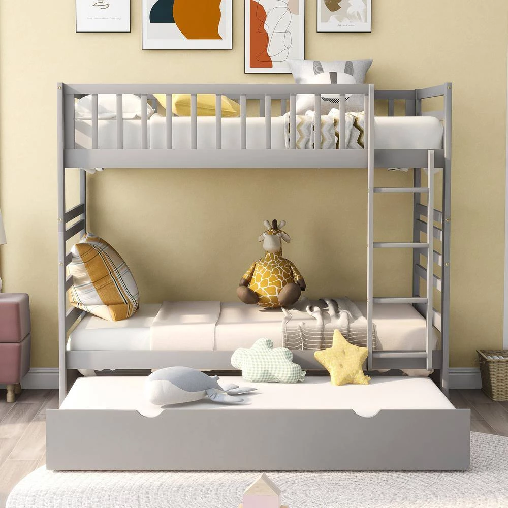 Gray Twin Bunk Beds for Kids with Safety Rail and Movable Trundle Bed by GODEER - Image 9