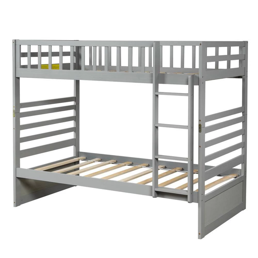 Gray Twin Bunk Beds for Kids with Safety Rail and Movable Trundle Bed by GODEER - Image 2