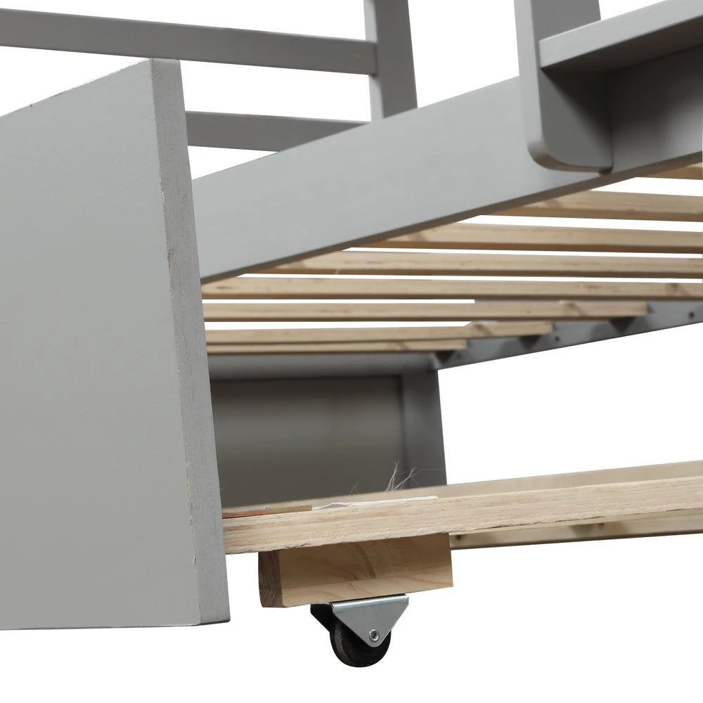 Gray Twin Bunk Beds for Kids with Safety Rail and Movable Trundle Bed by GODEER - Image 7