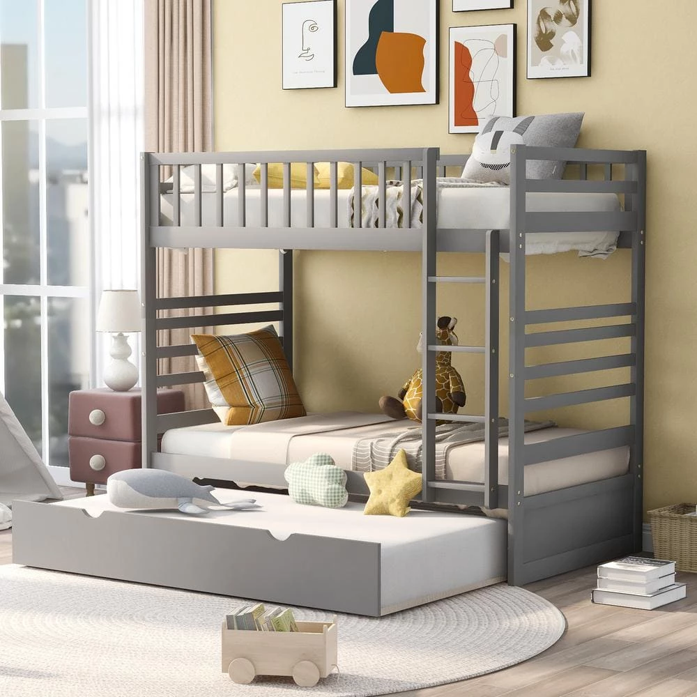 Gray Twin Bunk Beds for Kids with Safety Rail and Movable Trundle Bed by GODEER