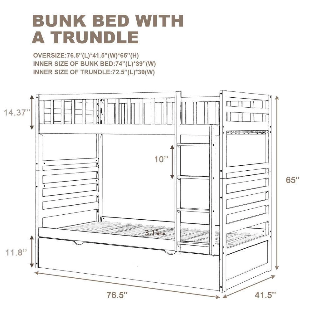 Gray Twin Bunk Beds for Kids with Safety Rail and Movable Trundle Bed by GODEER - Image 4