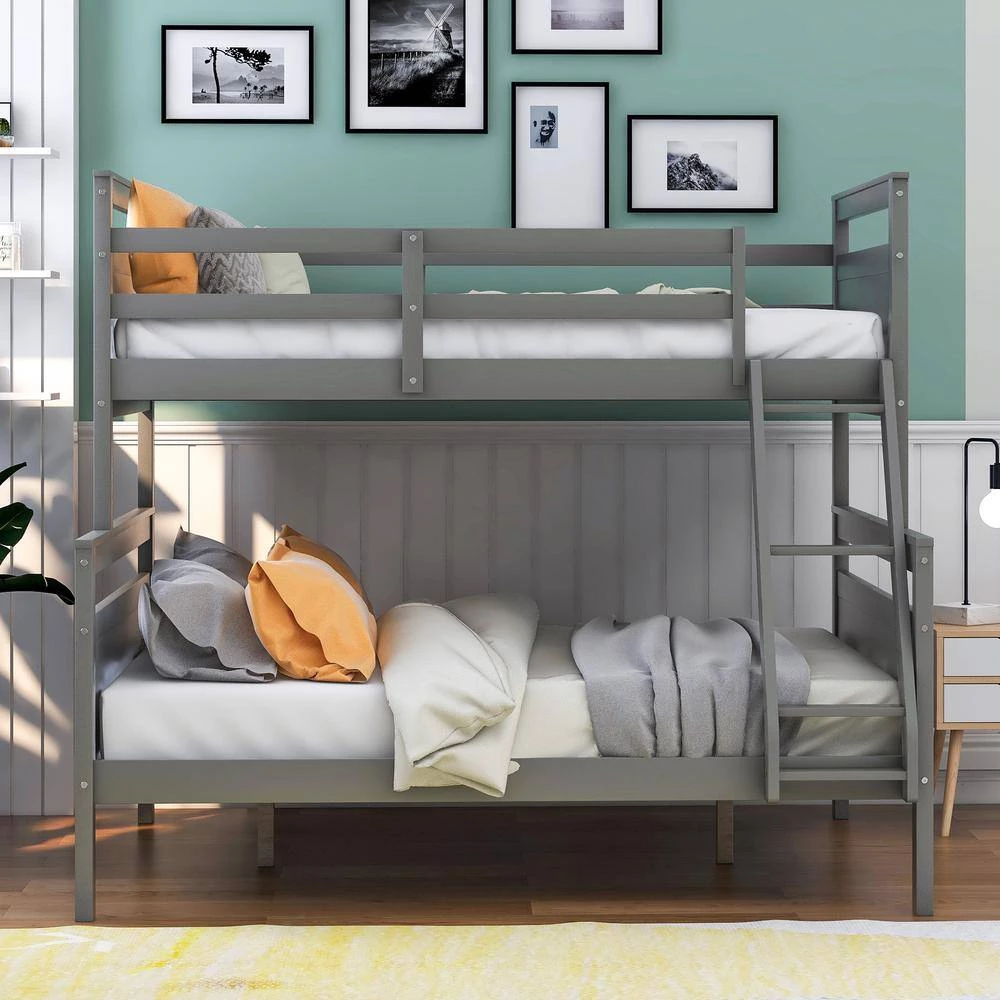 Gray Twin Over Full Bunk Bed with Ladder, Safety Guardrail, Perfect for Bedroom by GODEER - Image 6