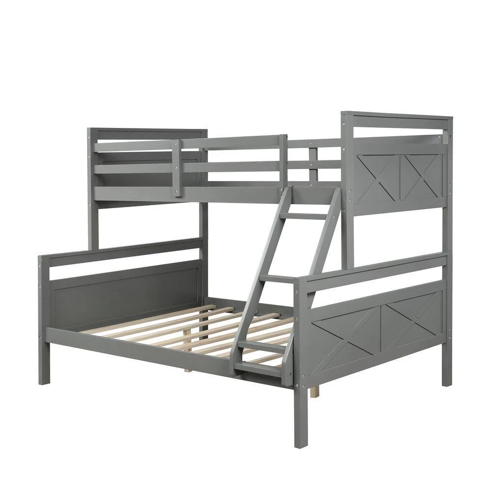 Gray Twin Over Full Bunk Bed with Ladder, Safety Guardrail, Perfect for Bedroom by GODEER - Image 2