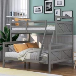 Gray Twin Over Full Bunk Bed with Ladder, Safety Guardrail, Perfect for Bedroom by GODEER