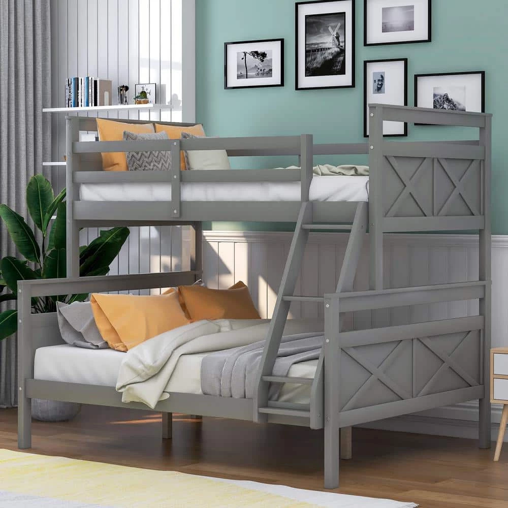 Gray Twin Over Full Bunk Bed with Ladder, Safety Guardrail, Perfect for Bedroom by GODEER