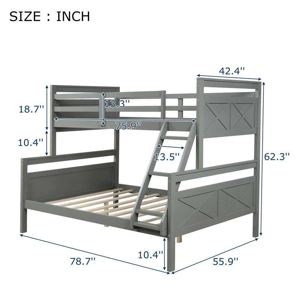 Gray Twin Over Full Bunk Bed with Ladder, Safety Guardrail, Perfect for Bedroom by GODEER - Image 4