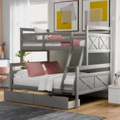 Gray Twin Over Full Bunk Bed with Ladder 2-Storage Drawers Safety Guardrail by GODEER