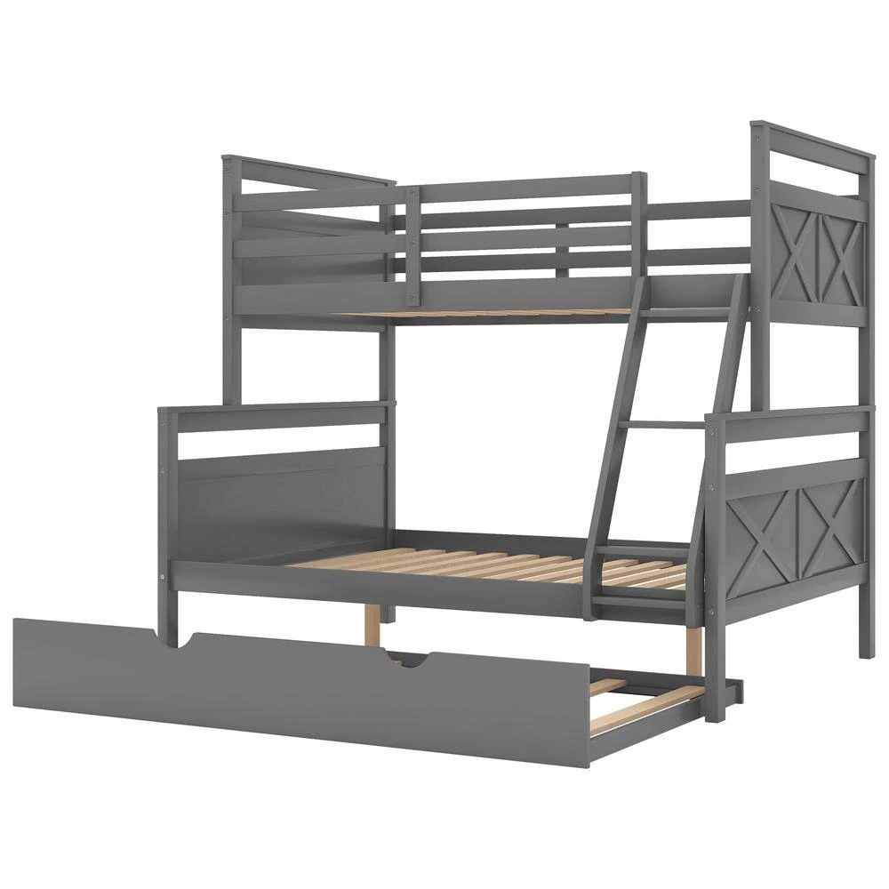 Gray Twin Over Full Bunk Bed with Ladder Twin Size Trundle Safety Guardrail by GODEER - Image 2