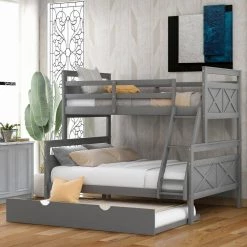 Gray Twin Over Full Bunk Bed with Ladder Twin Size Trundle Safety Guardrail by GODEER