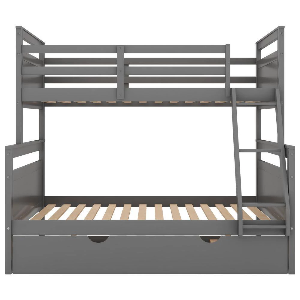 Gray Twin Over Full Bunk Bed with Ladder Twin Size Trundle Safety Guardrail by GODEER - Image 5