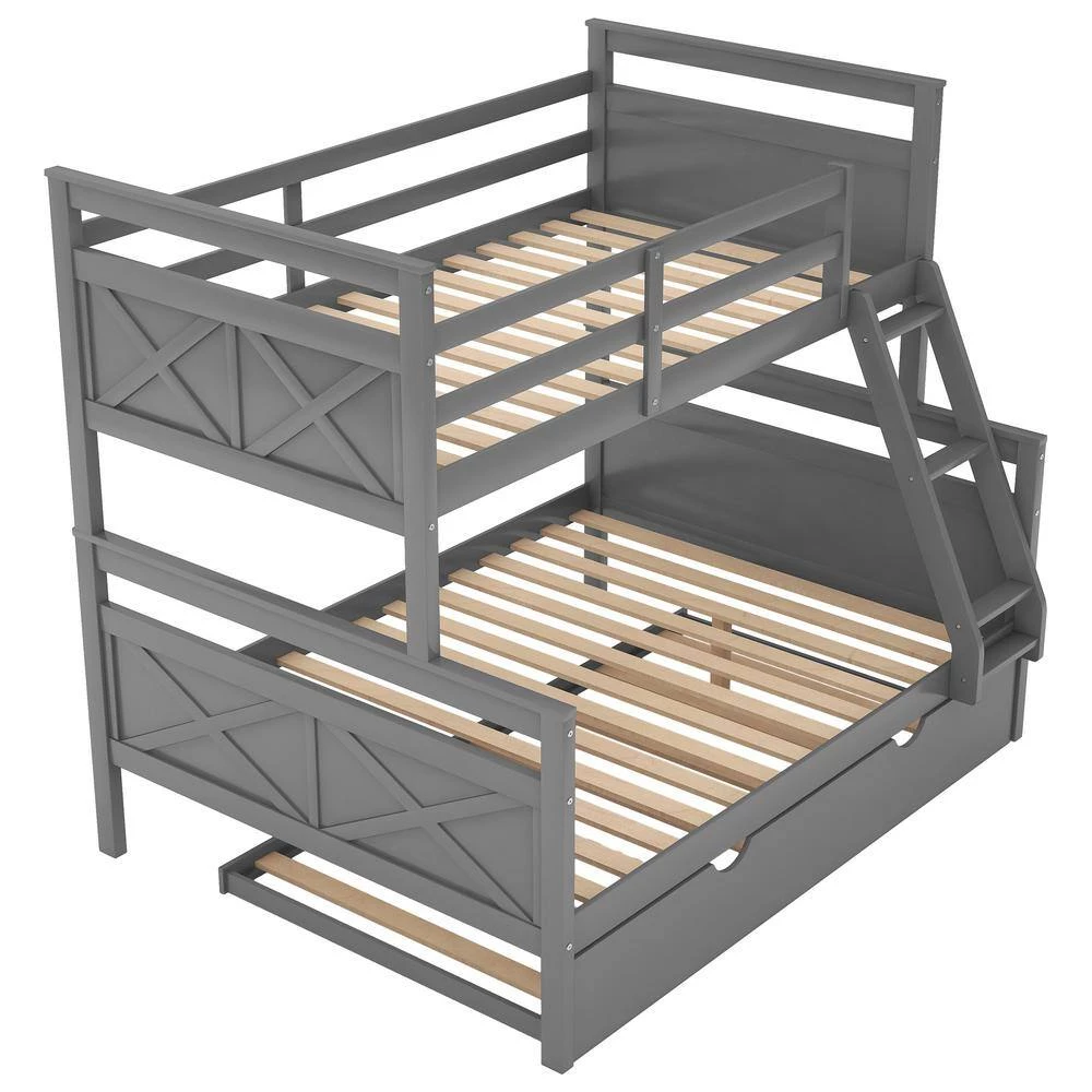 Gray Twin Over Full Bunk Bed with Ladder Twin Size Trundle Safety Guardrail by GODEER - Image 3