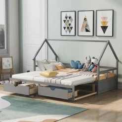 Gray 5 in. Mattress Extending Wooden Daybed with 2-Drawers by GODEER