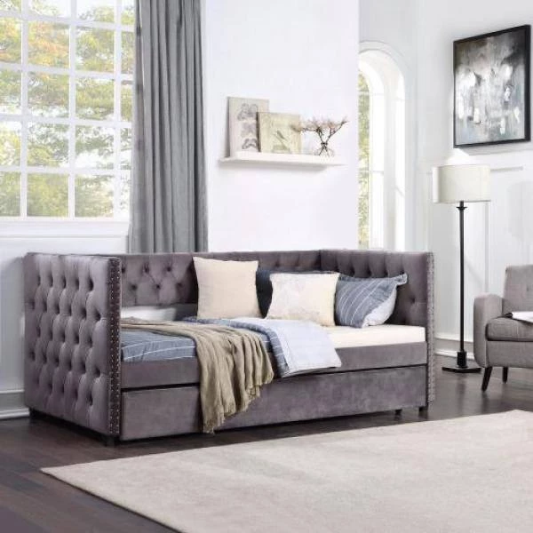 Gray Twin Daybed with Trundle, Upholstered Tufted Sofa Bed with Nailhead Trim by GODEER - Image 13
