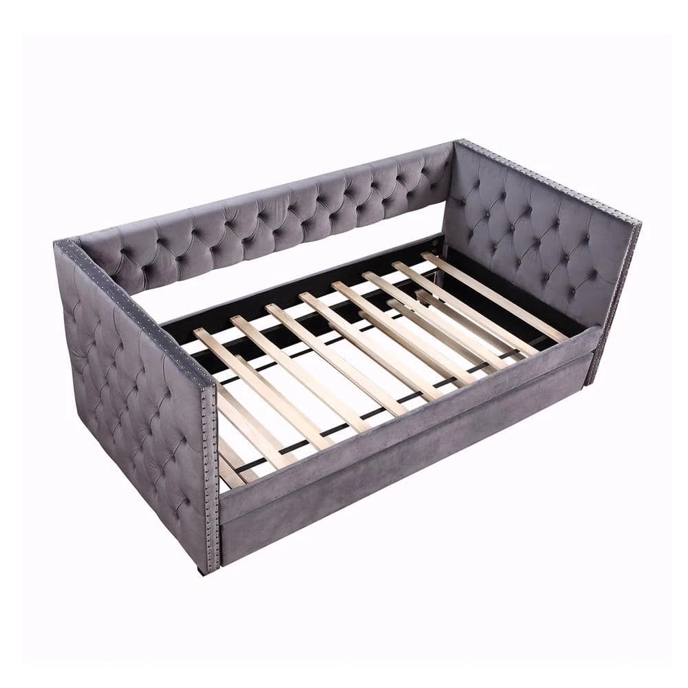 Gray Twin Daybed with Trundle, Upholstered Tufted Sofa Bed with Nailhead Trim by GODEER - Image 3
