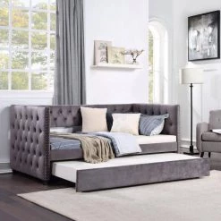 Gray Twin Daybed with Trundle, Upholstered Tufted Sofa Bed with Nailhead Trim by GODEER