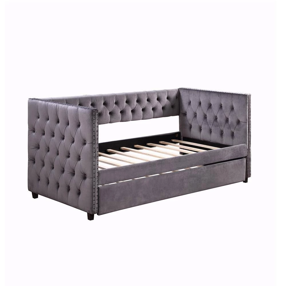 Gray Twin Daybed with Trundle, Upholstered Tufted Sofa Bed with Nailhead Trim by GODEER - Image 4
