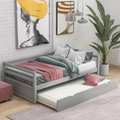 Gray Twin Size Daybed with Trundle Frame Set by GODEER
