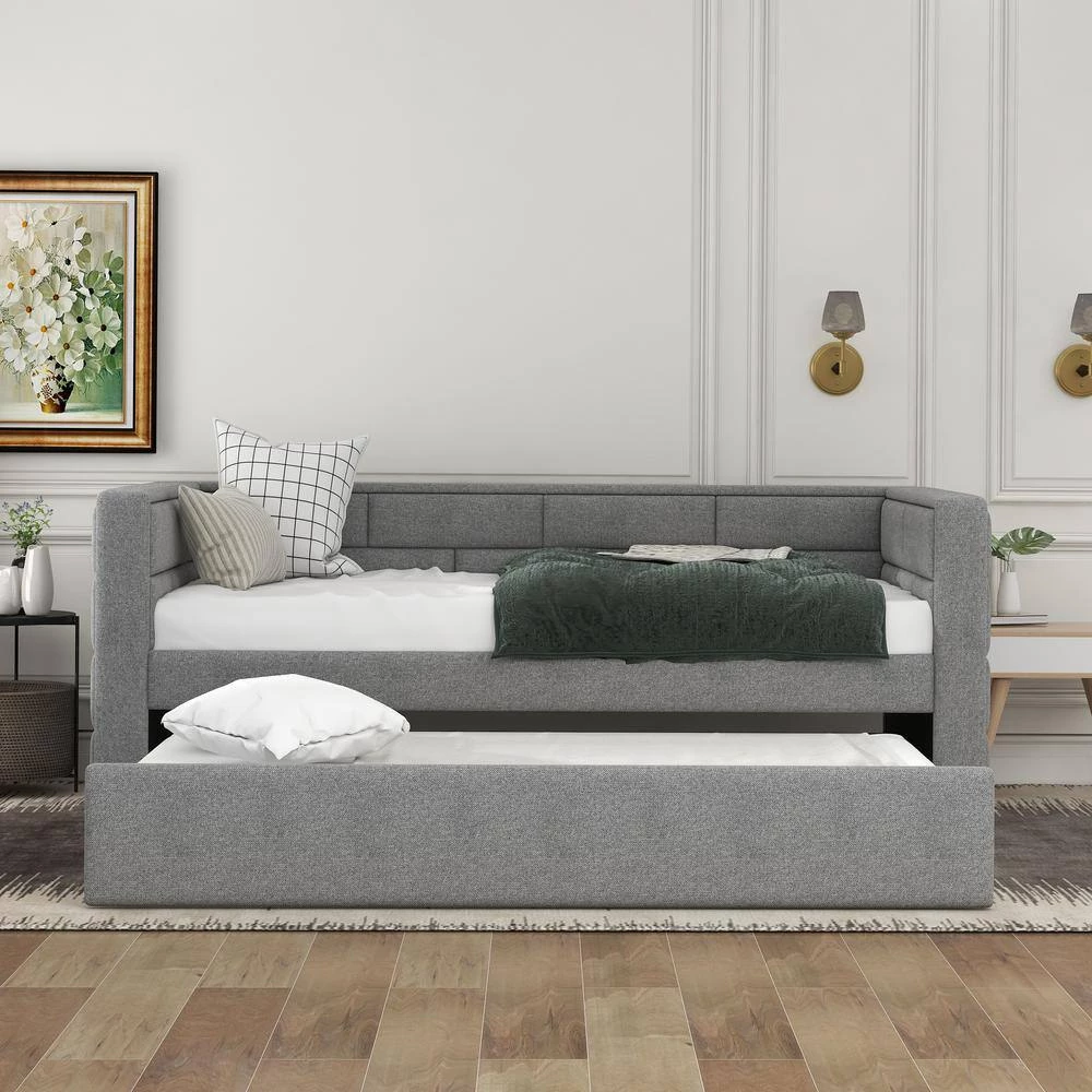Gray Twin Size Daybed with Trundle Upholstered with Padded Back by GODEER - Image 9