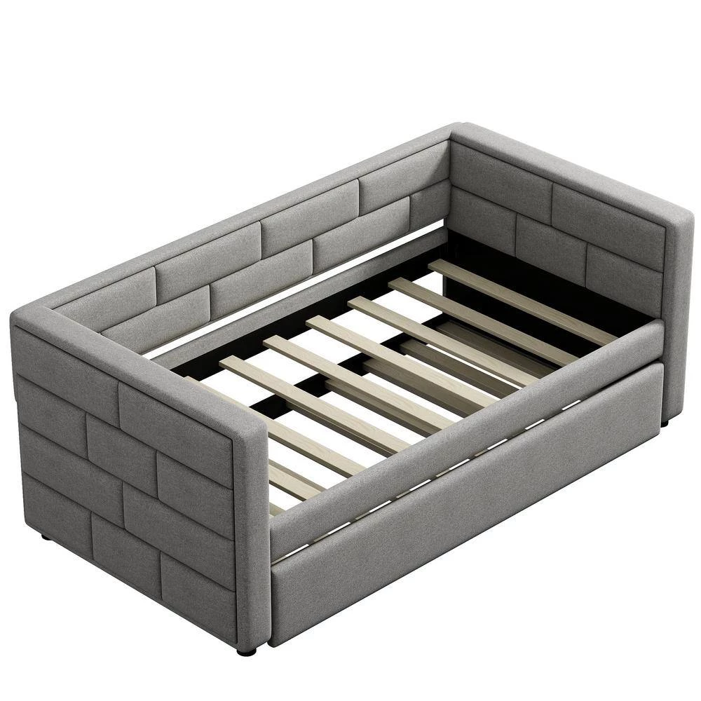 Gray Twin Size Daybed with Trundle Upholstered with Padded Back by GODEER - Image 3