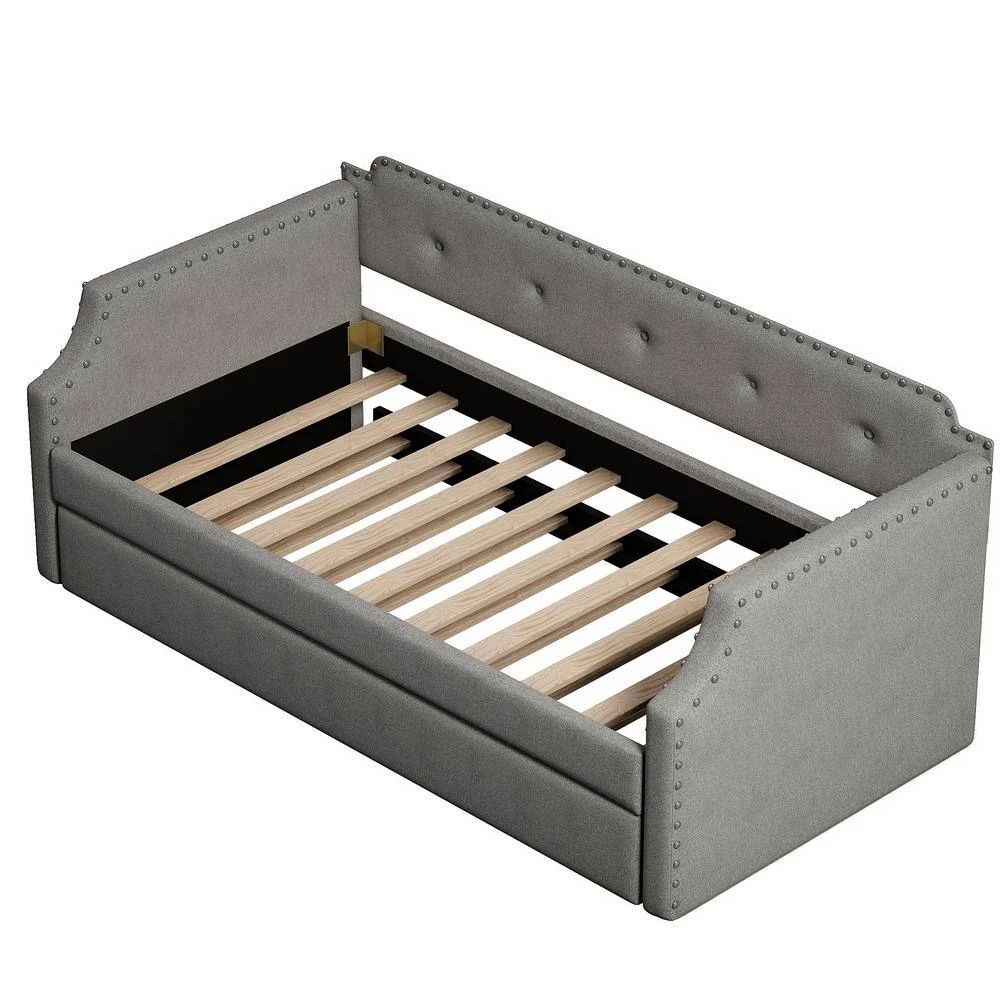 Gray Twin Upholstered Daybed with Trundle, Wood Slat Support, Upholstered Frame Sofa Bed by GODEER - Image 3