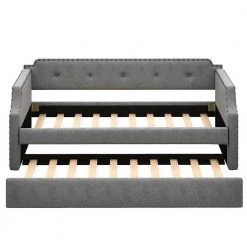 Gray Twin Upholstered Daybed with Trundle, Wood Slat Support, Upholstered Frame Sofa Bed by GODEER