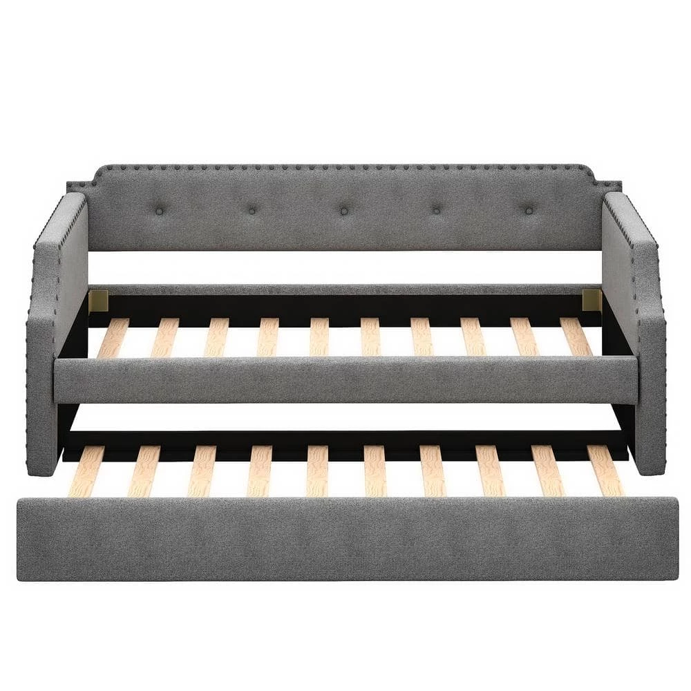 Gray Twin Upholstered Daybed with Trundle, Wood Slat Support, Upholstered Frame Sofa Bed by GODEER