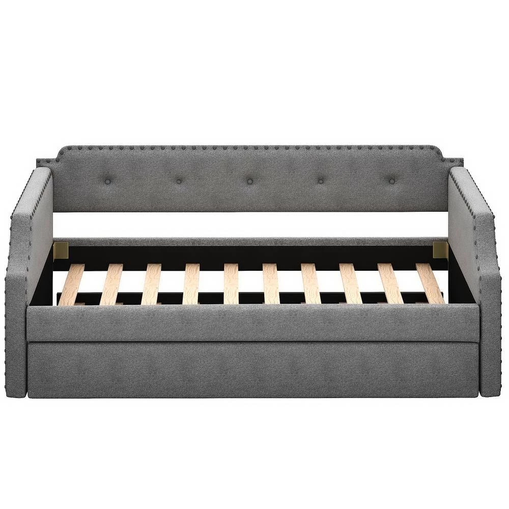 Gray Twin Upholstered Daybed with Trundle, Wood Slat Support, Upholstered Frame Sofa Bed by GODEER - Image 4