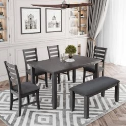 6-Piece Rectangle MDF Top Gray Dining Table Set with 4-Chairs, 1-Bench by GODEER