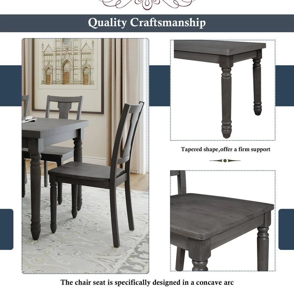 Classic 6-Piece Rectangle MDF Top Gray Dining Table Set with 4 Chairs, 1 Bench Set of 6 by GODEER - Image 9