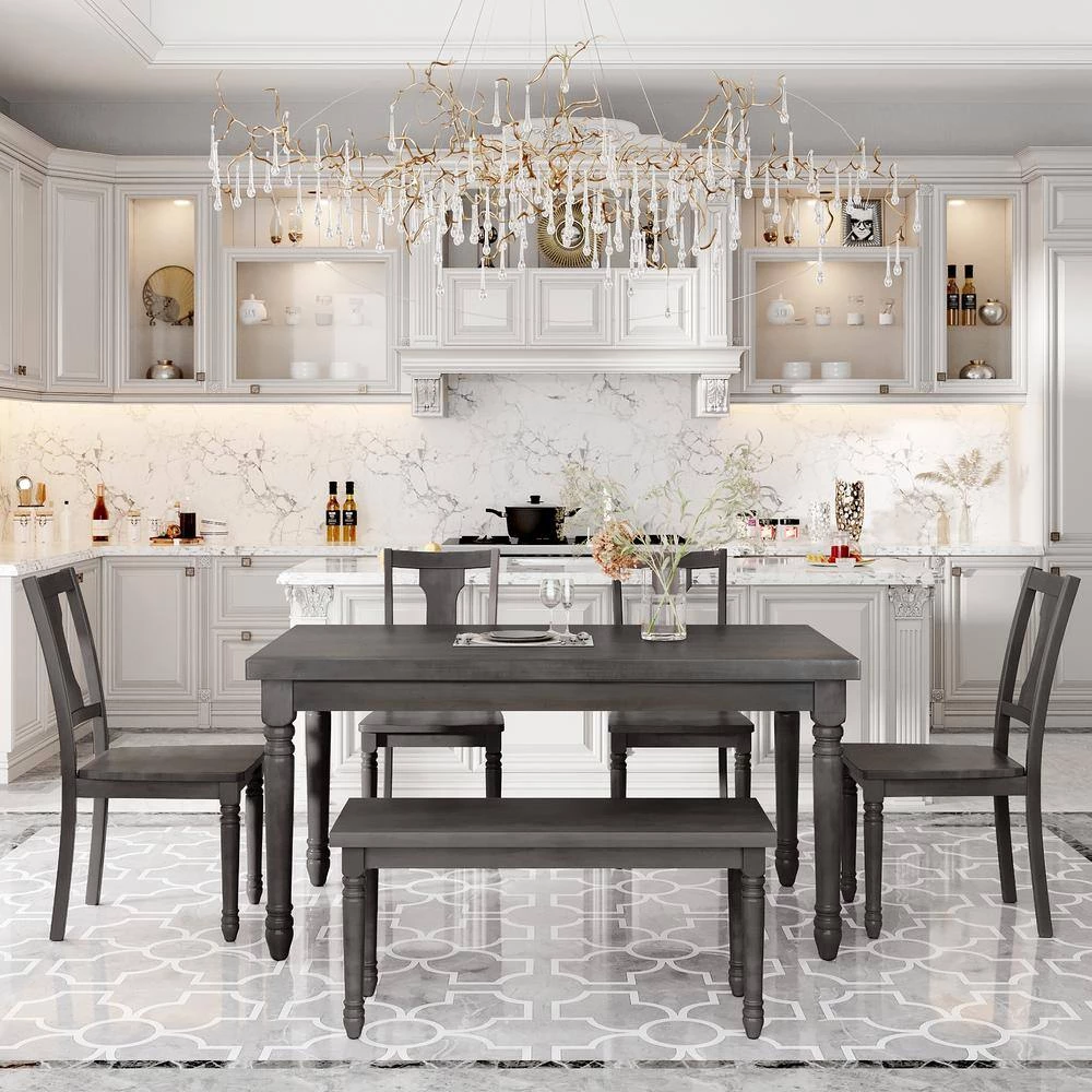 Classic 6-Piece Rectangle MDF Top Gray Dining Table Set with 4 Chairs, 1 Bench Set of 6 by GODEER - Image 13