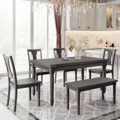 Classic 6-Piece Rectangle MDF Top Gray Dining Table Set with 4 Chairs, 1 Bench Set of 6 by GODEER