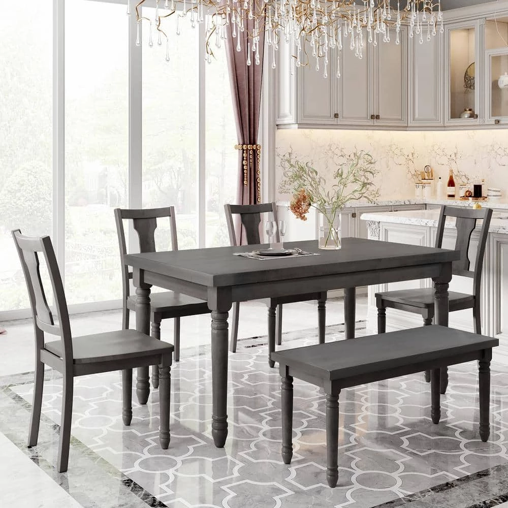 Classic 6-Piece Rectangle MDF Top Gray Dining Table Set with 4 Chairs, 1 Bench Set of 6 by GODEER