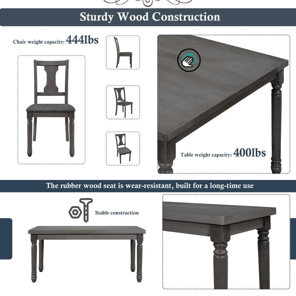 Classic 6-Piece Rectangle MDF Top Gray Dining Table Set with 4 Chairs, 1 Bench Set of 6 by GODEER - Image 12