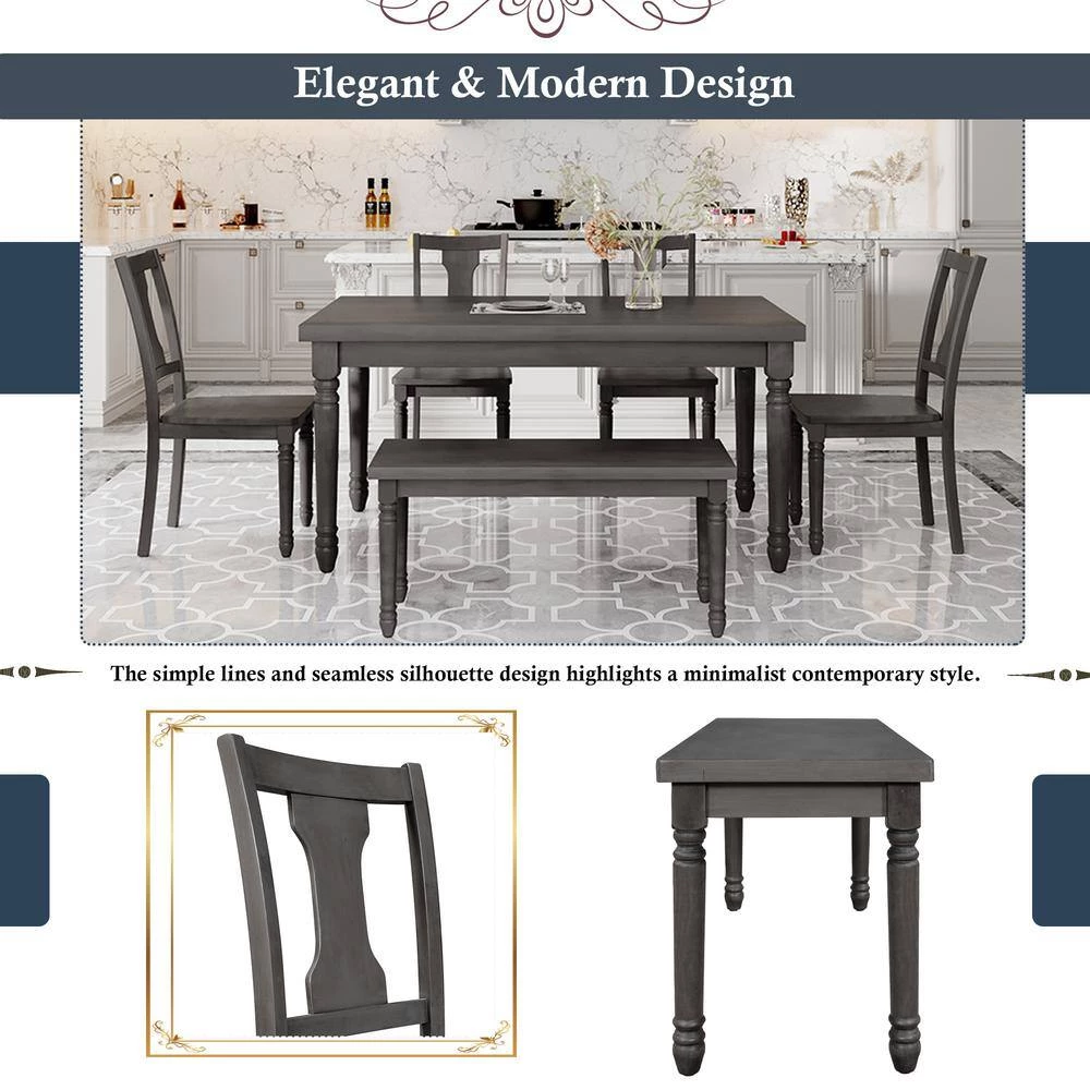 Classic 6-Piece Rectangle MDF Top Gray Dining Table Set with 4 Chairs, 1 Bench Set of 6 by GODEER - Image 11
