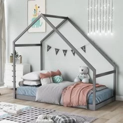Gray Twin Size Wooden House Bed by GODEER