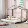 Gray Twin XL/King Size House Platform Bed with Trundle Roof Design by GODEER