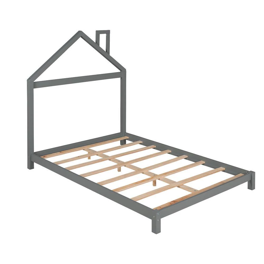 Gray Full Size Wood Platform Bed with House-shaped Headboard by GODEER - Image 3