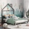 Gray Full Size Wood Platform Bed with House-shaped Headboard by GODEER