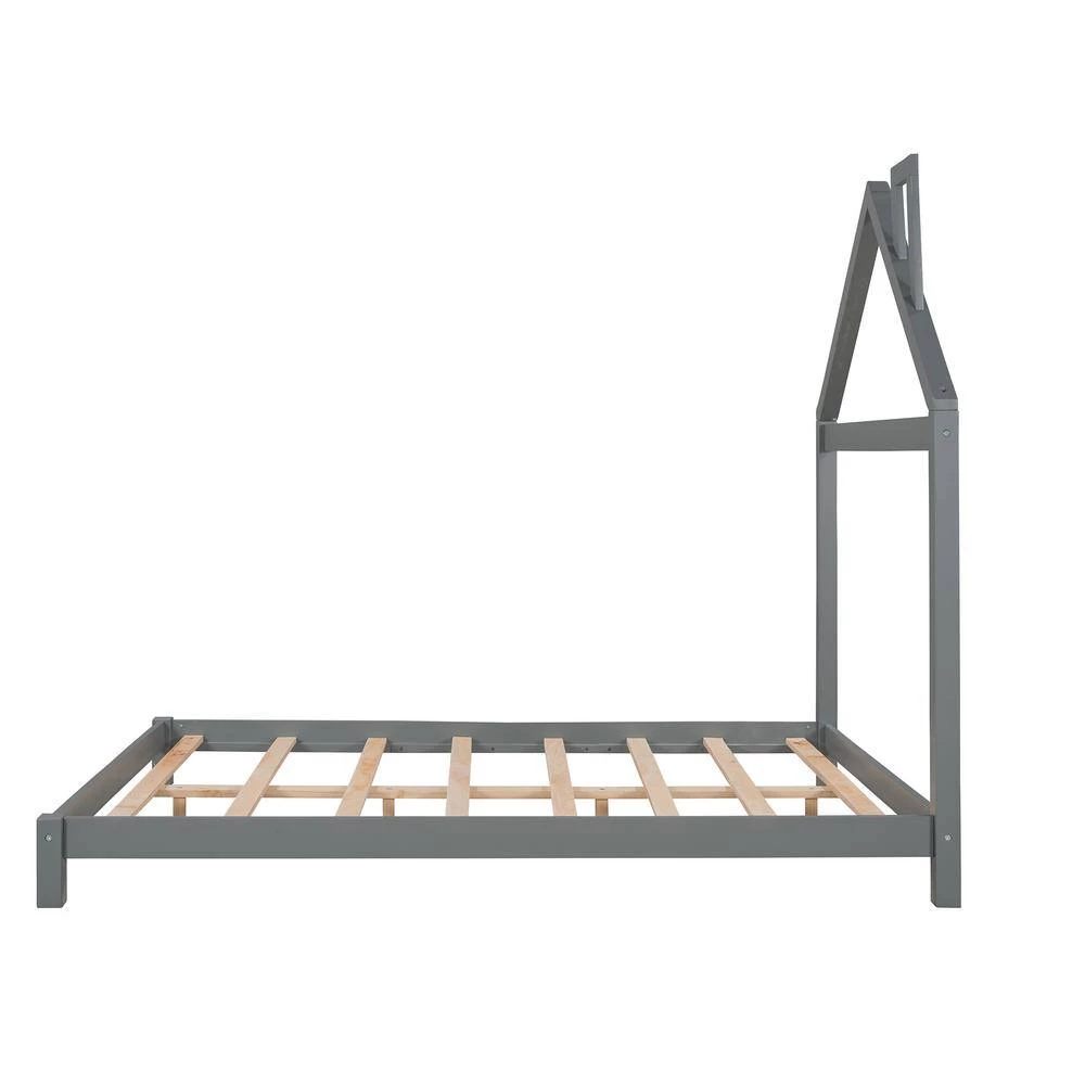 Gray Full Size Wood Platform Bed with House-shaped Headboard by GODEER - Image 4