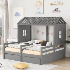 Gray Twin Size House Platform Beds with 2-Drawers for Boy and Girl Shared Beds by GODEER