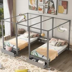 Gray Double Shared Twin Size Canopy Platform Beds with 2-Drawers and Built-in Desk by GODEER