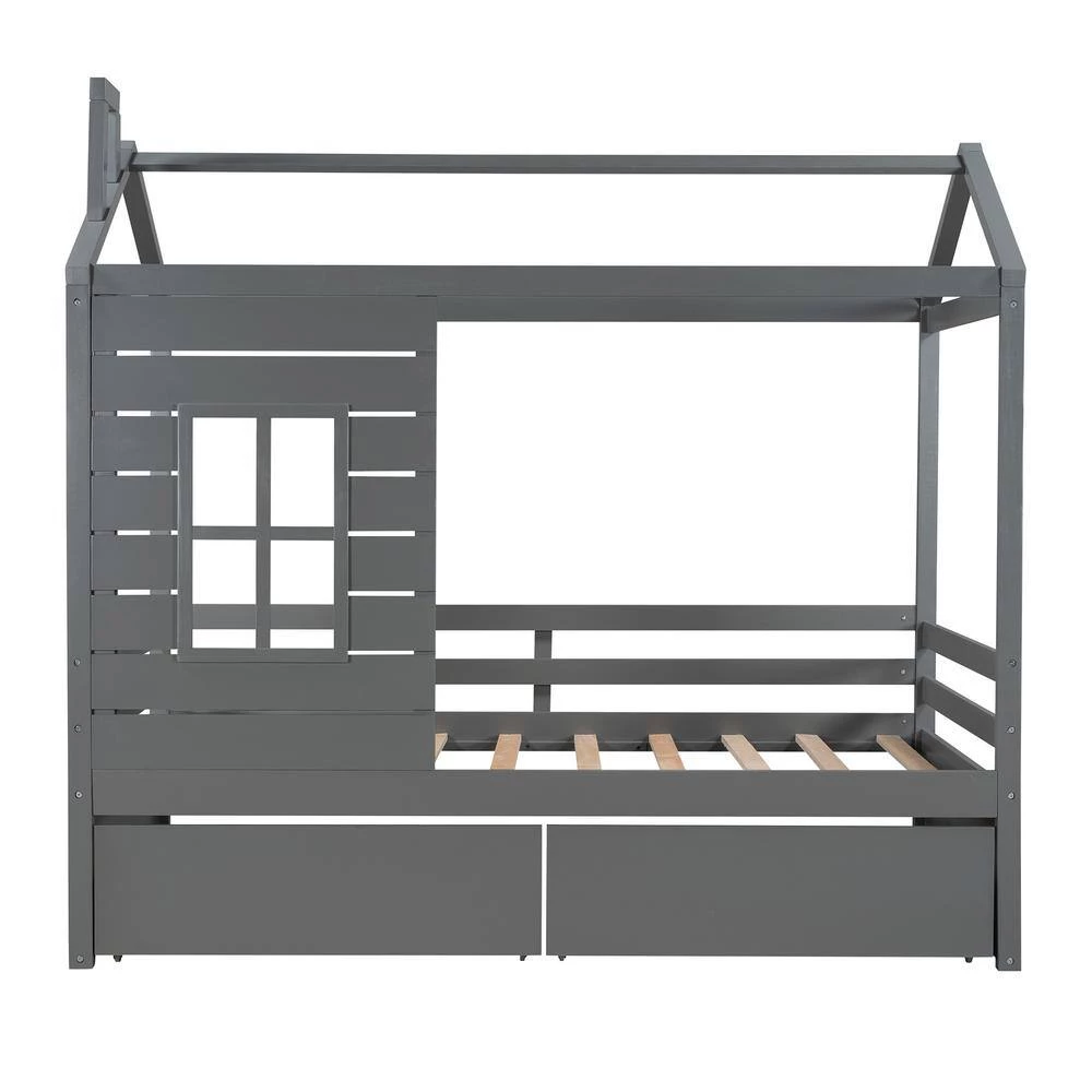 Gray Twin Size House Bed Wood Bed with Two Drawers by GODEER - Image 5