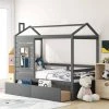 Gray Twin Size House Bed Wood Bed with Two Drawers by GODEER