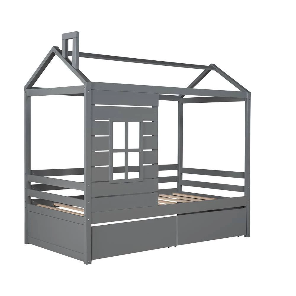 Gray Twin Size House Bed Wood Bed with Two Drawers by GODEER - Image 4